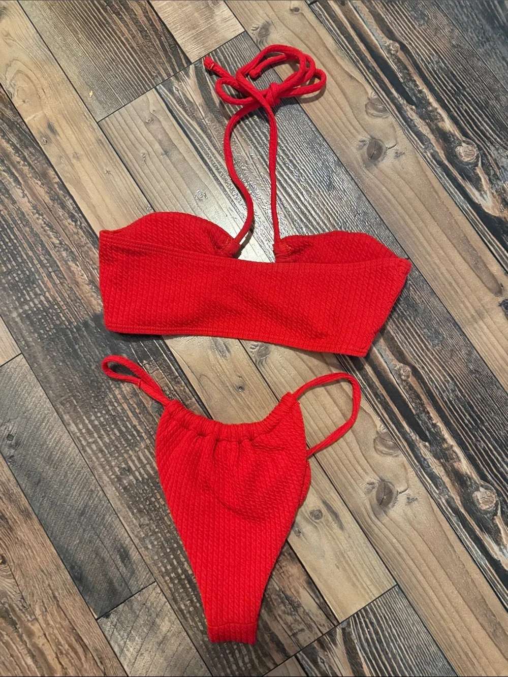 Red Textured Cheeky Tanga Bikini Set